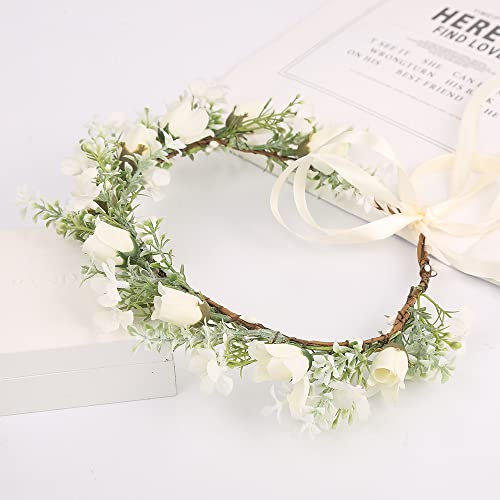 Blausky Boho Blumenkranz,Haarkranz mit Künstliche Blättern,Haarbänder Floral Girlande,Blumenkrone,Blumen Stirnbänder,Blumenkränze fürs Haar,für Damen Festival Party Hochzeit Strand Geburtstag,Beige