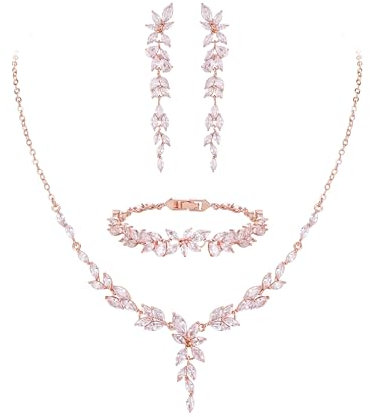 EVER FAITH Cubic Zirkonia Schmuck Set für Braut Brautjungfer, elegante Marquise Blatt Blume Hochzeit Halskette baumeln Ohrringe Armband für Damen Klar Rosegold-Ton