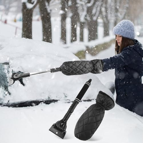 Lyneun Eiskratzer Auto mit Handschuh, Scheibenkratzer Auto mit Handschuh, Eiskratzer mit Rutschfestem Griff, Ausziehbarer Ice Scraper Car für Fahrzeug Windschutzscheibe und Haushaltsfenster (Schwarz)