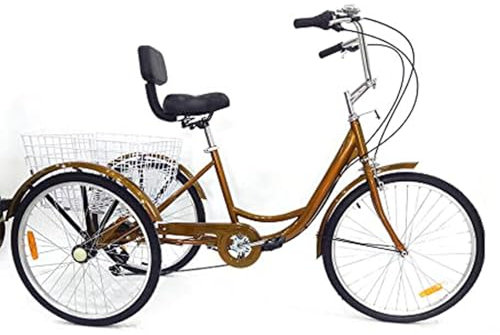 Fridgestea 24 Zoll Dreirad für Erwachsene, 6 Gang 3 Räder Fahrrad, Erwachsenendreirad Tricycle mit Einkaufskorb, Klingel, Schutzblech für Damen Herren Senioren (Gold)