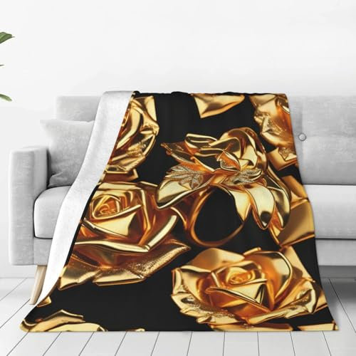 ETASUIOL Gold Rose Pattern Print Ultra-Soft Micro Fleece Blanket,Versatile Portable Flannel Blanket For Bed,Sofa,Travel