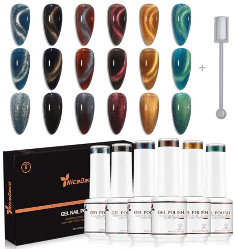 Nicedeco Cat Eye Gel Nail Polish Set, UV/LED Soak-Off Magnetic Gel Polish Nail Art Manicure Pedicure, Salon & Home Use - Long Lasting & Easy to Apply 6pcs x 8ml-Kit44