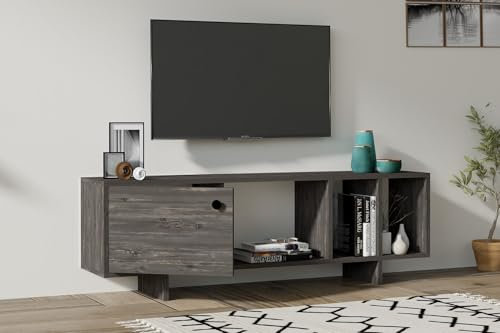 Hanah Home Modern Anthracite TV Unit, 140 cm | 100% Melamine Coated Particle Board, 18 mm Thick | Wall-Mountable, Extra Storage & Shelves | Scandinavian Design