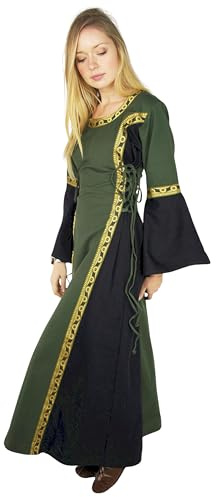 Leonardo Carbone® Damen Kleid Bordüre Sophie | Verstellbare Schnürung | Fließende Trompetenärmel | Karneval, Halloween, Cosplay, LARP, Mittelalter, Fantasy, Kostüm | 100% Baumwolle Grün/Schwarz 3XL