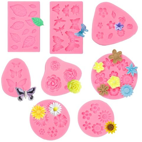 8 Pièces Moule Silicone Fleur 3d, Mini Roses/Marguerite/Papillon/Feuille/Tournesol Gâteau Fondant Moules, Resine Epoxy Antiadhésifs Moule en Silicone pour la Décoration de Gâteaux, Desserts, Savon