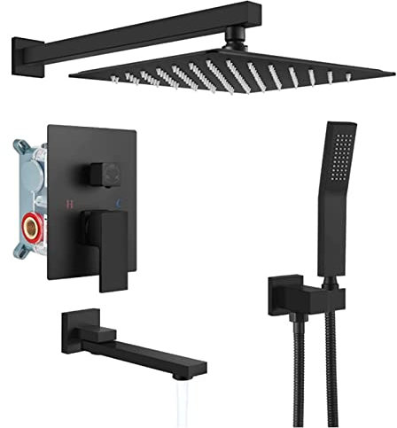 NBAAVBJV 3-Funktions-Regenduschen-Set mit ultradünnem Regenduschkopf, LED-Dusche, an der Wand montierte Duschmischbatterie, drehbar mit Wannenauslauf, Duschset, Schwarz, 12 Zoll