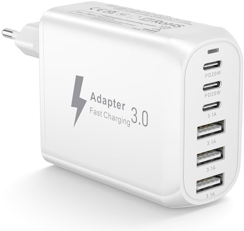 Chargeur USB C 60W, 6 Ports Multi Prise USB C Chargeur Type C Charge Rapide | Multiprise USB Alimentation Adaptateur Secteur pour iPhone 17 16 15 14 Pro Max Plus Mini XS XR 8 7 SE, iPad, Samsung Galaxy
