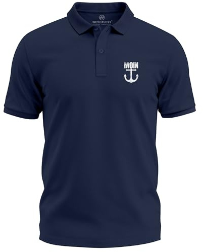Neverless® Poloshirt Herren mit Moin Anker Print – Kurzarm Polohemd aus Baumwolle – Maritimes Design –Modern Fit Nautisch Fashion Navy L