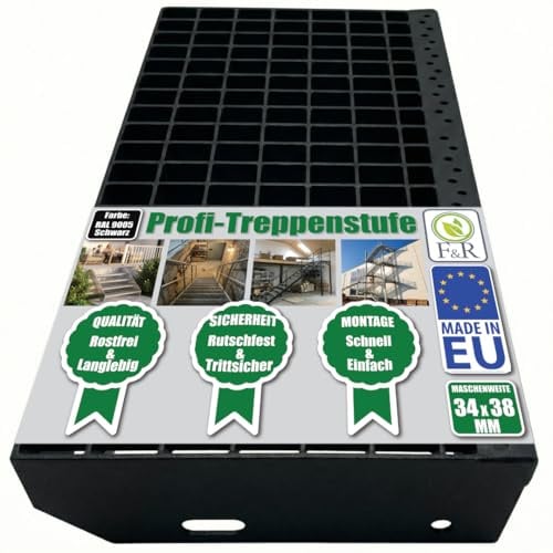F & R Metallstufe 900x270 mm RAL 9005 Schwarz – Gitterrost Treppenstufe Aus Pulverbeschichtetem Stahl – rutschfest Witterungsbeständig Ideal Für Außentreppen