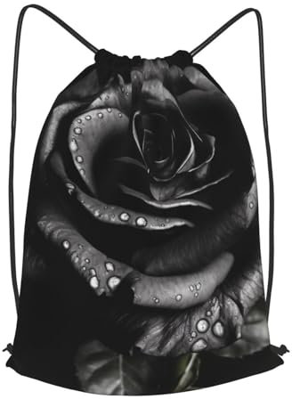 HEBSDFG Sac à dos avec cordon de serrage pour homme et femme - Imprimé rose noire - Sac à dos pour le sport, la gym, le shopping, la plage, Noir , S