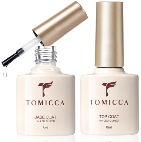 TOMICCA Gel Nail Polish No Wipe Top and Base Coat Set, Soak Off LED UV Gel Polish Set, Shine Finish and Long Lasting Gel Base Top Coat, Nail Art Design Manicure 2 x 8ml Bottles