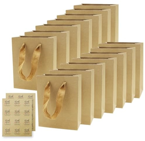15 Stück Geschenktüte mit Griff, Papiertüte mit 2 Stück Dankeschön Aufkleber, Kraft Partytüten, kleine Geschenktüten für Geburtstag, Hochzeit (Brown)