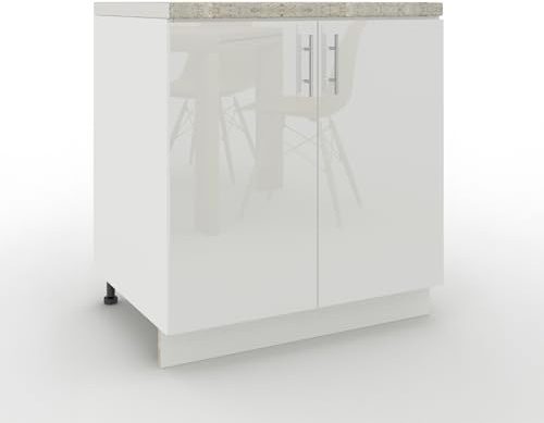 JD Greta Adjustable Kitchen Base Unit - 800mm - Base Cabinet with Doors & Worktop - White Gloss