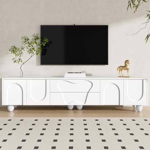 Mobile TV bianco 180 cm con gambe in legno: un minimalista ed elegante, con molto spazio, design unico e possibilità di archiviazione flessibili per un soggiorno elegante.