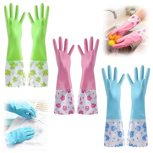 Kokoie Washing up Glove, 3 Pairs 40 cm Long Reusable Non-Slip Dishwashing Cleaning Gloves, Long Cuff Household Cleaning Gloves for Kitchen Bathroom Laundry Gardening Blue Pink Green