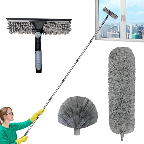 Staubwedel Teleskop 6M, Staubentferner-Set mit Verstellbare Ausziehbare Teleskopstange 1,5~4,9 m, Spinnennetzbürste/Mikrofaserkopf/Glasbürste, für Fenster Wände Decken Deckenventilatoren (B)