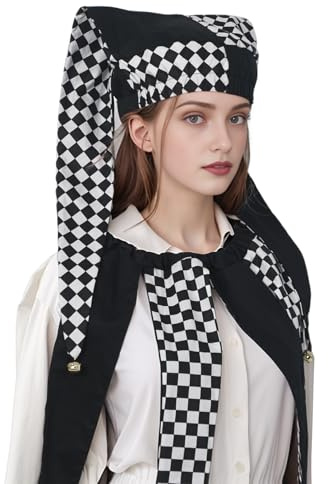 FAD-4U Cappello da giullare con campane, motivo arlecchino bianco e nero, per Halloween, Natale, accessorio per costume (bianco e nero, M)