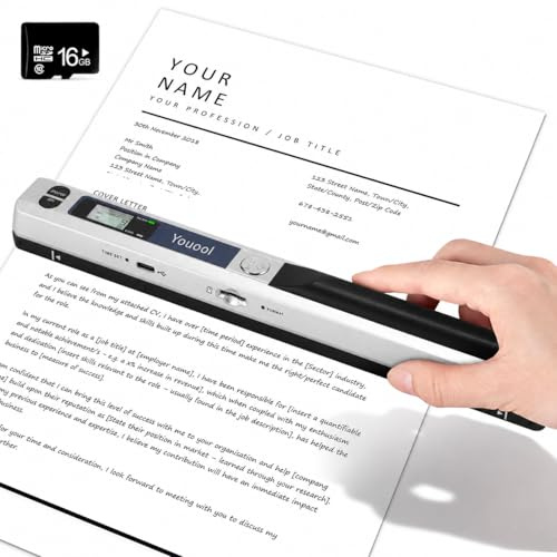 Youool Handscanner Dokumentenscanner A4 900 DPI JPG/PDF Format USB 2.0 | Hohe Auflösung Farbfoto Portable Scanner Mobiler Scanner Tragbarer Dokumentenscanner für Dokumente Quittungen Fotos (Silber)
