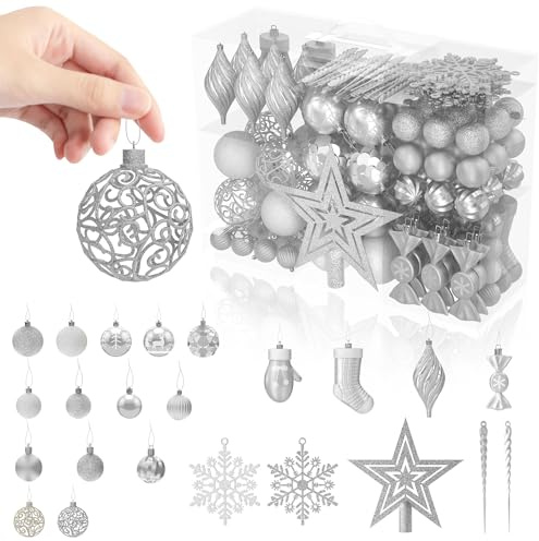 FIVMEN Weihnachtskugeln Silber 138er Set Christbaumschmuck Weihnachtsdeko Plastik inkl. Christbaumkugeln, Stern, Schneeflocke Weihnachtsdekoration Weihnachtsschmuck