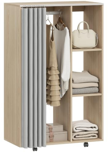 HOMCOM Mobiler Kleiderschrank auf Rädern 80x40x128cm Naturholz | Aufbewahrungseinheit, Kleiderstange, offene Regale, rollbarer Kleiderschrank für Schlafzimmer