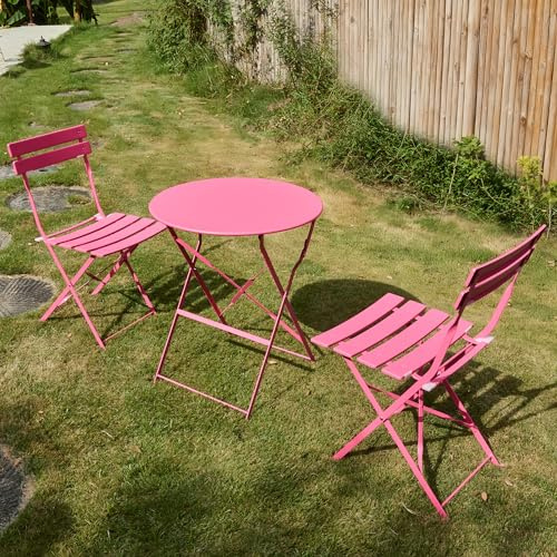 RELAX FIELD Lot de 3 meubles de jardin de balcon, résistants aux intempéries, pour petit balcon, table de bistrot avec 2 chaises, pliable, rouge rose