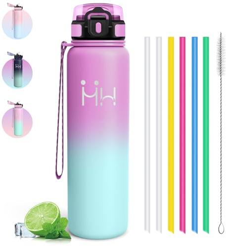 Thermo Trinkflasche 1l - Trinkflasche Edelstahl - Trinkflasche mit Strohhalm - 100% Auslaufsichere - Thermosflasche mit 1-Klick-Öffnung - Leicht zu Reinigen - für Sport, Travel, Schule, Outdoor