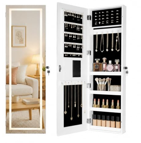 Schmuckschrank，Spiegelschrank, Schmuckschrank mit Spiegel & Touchscreen-LED-Licht, Wandschrank, Wandmontage, an der Tür hängend, Schmuck-Organizer für Ohrringe, Halsketten, Ringe (Weiß, 110x30cm)