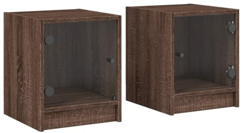 Foknhdi Nachttische im 2er Set mit Glastüren 35x37x42 cm Braun Eiche Optik Robuste Holz-Furnier Oberfläche Stauraum Beistelltisch für Schlafzimmer Wohnzimmer Flur