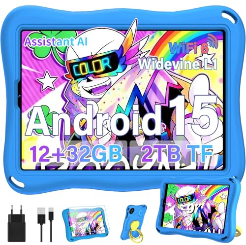SUAAT - Tablet para niños (9 pulgadas, Android 15 con 12 GB de RAM + TF 1 TB, 5G WiFi, Widevine L1, Octa-Core, 5000 mAh, control parental, 1340 x 800, BT 5.0, para niños con funda Eva - Azul