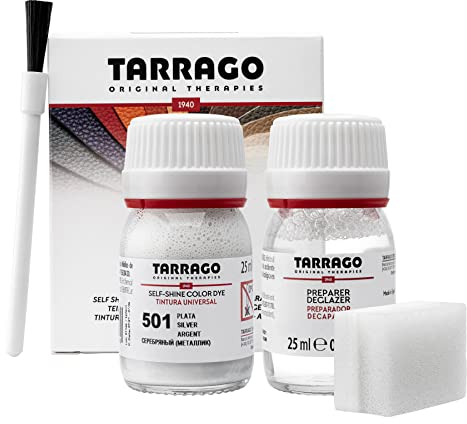 Tarrago | Kit 25 ml di colorante auto-lucido | Tintura autolucidante per scarpe, accessori e primer | Copre sfregamenti e calzature Argento (501)