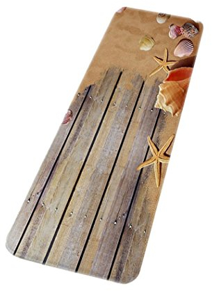 A.Monamour Badematten Badteppiche Badvorleger Hölzerne Planken Boden Nautische Starfish Shell Sommer Strand Landschaft Druck Flanell Stoff Gummi-Rückseite Anti-Rutsch-Bad Teppiche Für Bad Fußmatten