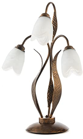 ONLI - Lampe de table 3 lumières en métal marron avec nuances dorées et verres tulipe bancs satinés