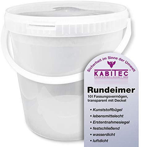 KABITEC Eimer 10 Liter klar mit Deckel, Lebensmittelecht mit Erstentnahmesiegel und Kunststoffbügel │ Leereimer │ Rundeimer │ transparent