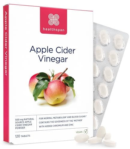 Healthspan Apple Cider Vinegar 500mg | Friendly Bacteria | Metabolism Support | Added Zinc & Chromium | Vegan (120 Tablets)