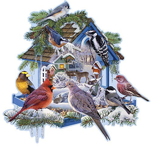 Bits and Pieces - 750 Shaped Piece Jigsaw Puzzle for Adults 48cm x 69cm - Winter Birdfeeder - 750 Shaped pc Snowy Birdhouse Jigsaw by Artist Russel Cobane