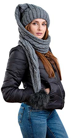 Birendy XXL Beanie AA Mütze, Zipfelmütze inklusive Schal, Pudelmütze, Wintermütze mit großer Fellbommel aus Fellimitat. Extra Lang mit weichem Fleece abgefüttert (Dunkelgrau)