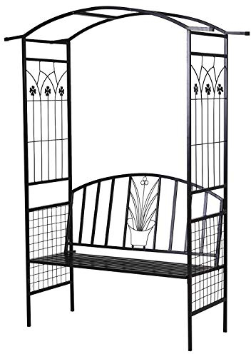 Outsunny Pflanzbogen mit Bank Sitzbank Torbogen Rankgitter Rankhilfe Garten Bogendach Metall Schwarz 154 x 60 x 205 cm