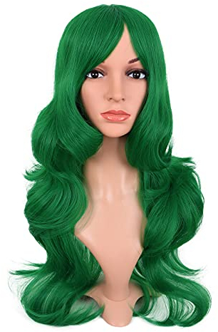 MapofBeauty 24 Pulgada/60 cm Largo Rizo Alta Temperatura Fibras Side Flequillo Waves Roll Pelucas Cosplay Pelucas (Hierba Verde)