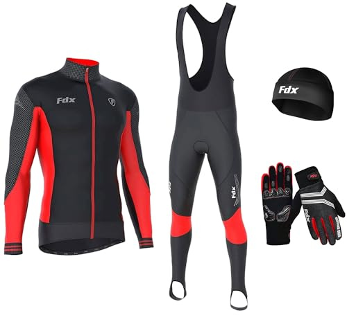 FDX Men's Winter Cycling Suit with Gloves, Cap, Socks - Italian Thermal Roubaix Windproof Thermodream Cycle Clothing Set - Long Sleeve Jersey, 3D Padded Bib Tight for Bicycle Outdoor Riding(Red-XL)