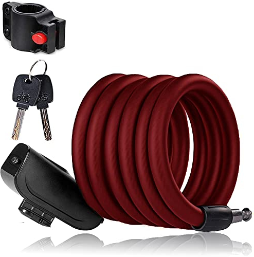 SenluKit Fahrradschloss Sicherheitsstufe Sehr Hoch,Spiralkabelschloss Fahrrad, Scooter Schloss Kabelschloss,Fahrradschloss Mit Schlüssel,Anti-Diebstahl Fahrradschloss 180cm Rot