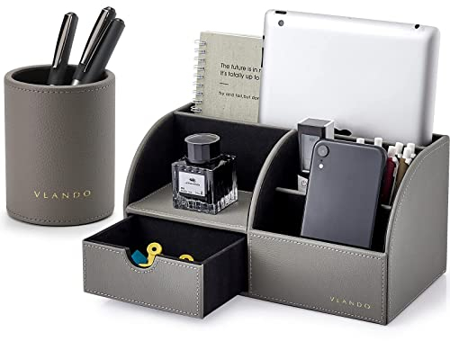 Büro-Schreibtisch-Organizer – Vlando Leder Schreibtisch-Organizer Caddy mit Schublade zur Aufbewahrung von Schreibtischzubehör und Zubehör (graues Set)