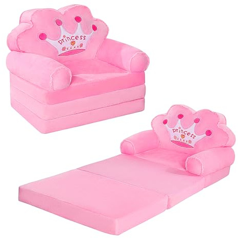 Kids Couch Fold Out, Foldable Princess Chair for Toddlers 1-3, Sofa Bed for Kids Folding Toddler Bed Lounger Chair for Bedroom, Toddler Couch Bed for Girl (Pink)