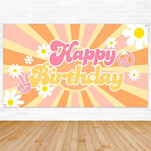 A1DIEE Groovy Happy Birthday Hintergrund Banner Retro Hippie Boho Mädchen Geburtstag Party Dekorationen Partyzubehör Gänseblümchen Geburtstag Fotografie Hintergrund für Party Foto Prop Wanddekoration