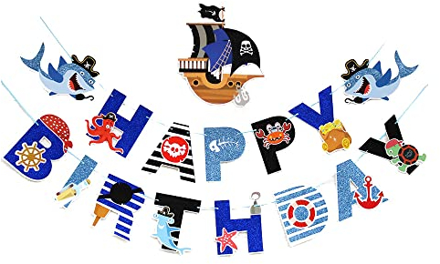 Happium Piraten-Geburtstagsgirlande Happy Birthday, Banner mit Glitzer-Papier, Wimpelkette für Kindergeburtstag, Partydekorationen, Mehrfarbig, 15,2 x 18,1 cm