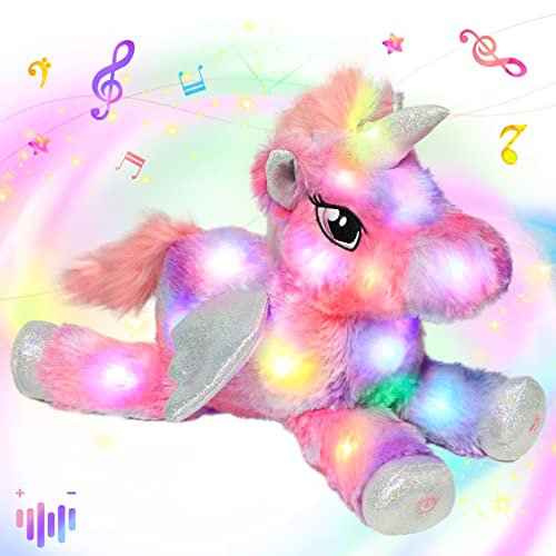 Hopearl Bunt LED Musical Plüsch Einhorn Leuchtet Singendes Plüschtier Lautstärkeregulierung Schlaflied Animierte Beruhigung Geburtstagsfest für Kinder Kleinkind Mädchen, Regenbogen, 40 cm