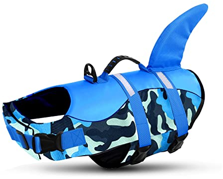 Queenmore Schwimmweste Hund Einstellbare Hunde Schwimmweste, Ripstop Rettungsweste mit hohem Auftrieb und langlebigem Rettungsgriff für Hund für kleine mittlere Hunde, (BlueCamo, S)