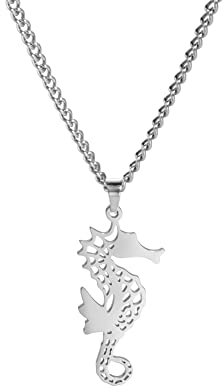 EUEAVAN Seepferdchen Anhänger Halskette aus Edelstahl, hohl, Tier Charme Halskette, hawaiianische Anhänger Ketten Halskette, Ozean Geschenke (Silber)