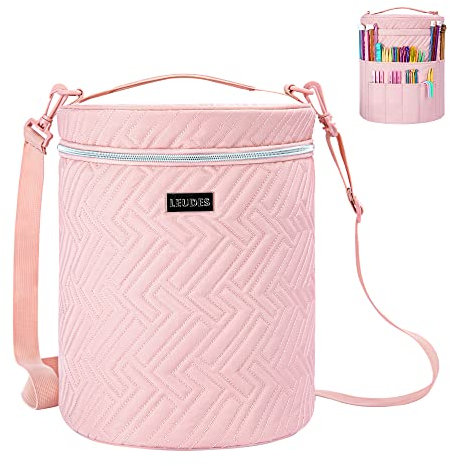 Leudes Yarn Bag, Crochet Tote Knitting Bag Water Resistant Yarn Storage Organizer Holder Case for Crochet Hooks Needles Knitting Kit for Beginners (Pink)