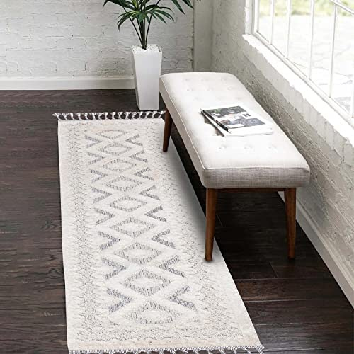 carpet city Teppich-Läufer Flur Boho-Stil Creme, Graublau - 80x300 cm - Bordüren-Look - Relief-Optik, 3D-Effekt - Cut-&Loop, Sisal - Moderne Fransen-Teppiche Schlafzimmer