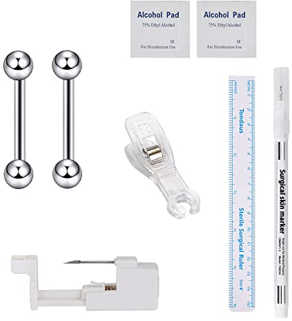 Longbeauty 7 Pcs Piercing Pistole Kit Edelstahl Einweg Körper Piercing Gun (Ohr Bauchknopf Zunge Augenbraue Lippe Nase) Gauge Nadeln Kits